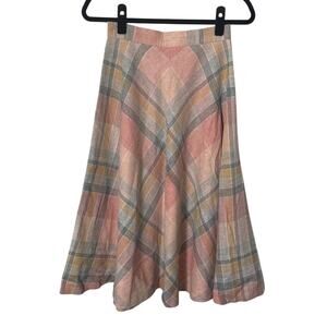 Vintage College Town Plaid Wool Blend Midi Skirt Pink Tan 70s Academia Size XS